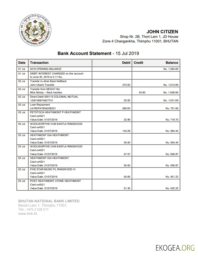 Relevé de la Banque nationale du Bhoutan